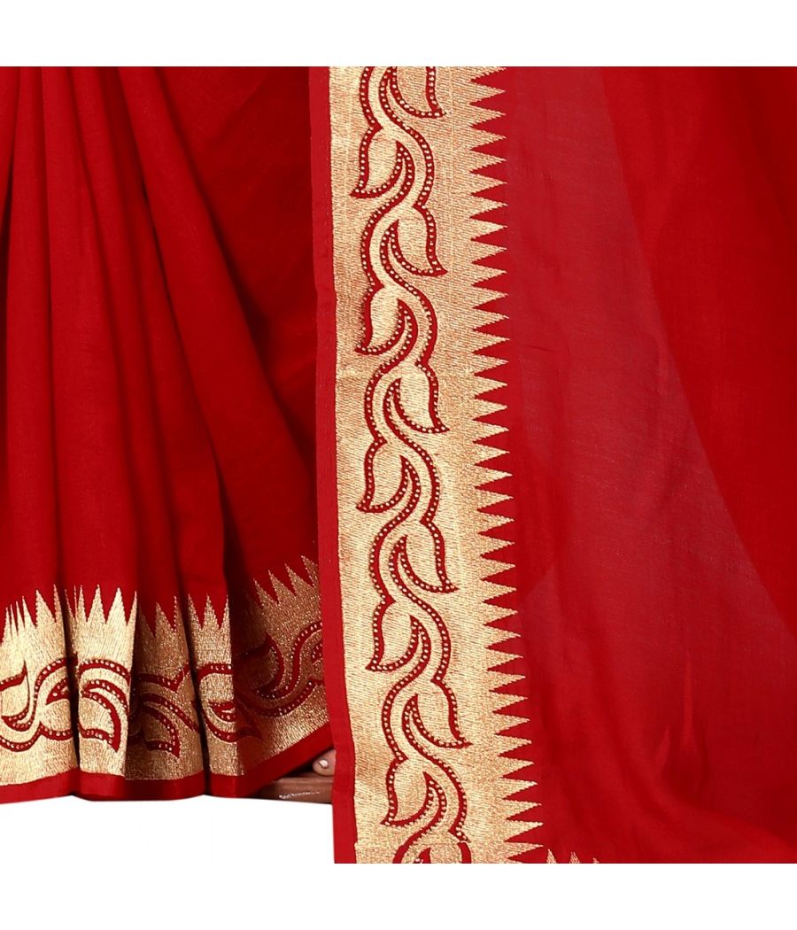 Kad Creations  Red zari embroidery with siroski and hot fix stone work Vichitra Silk Wedding wear Saree for women Sari Saris