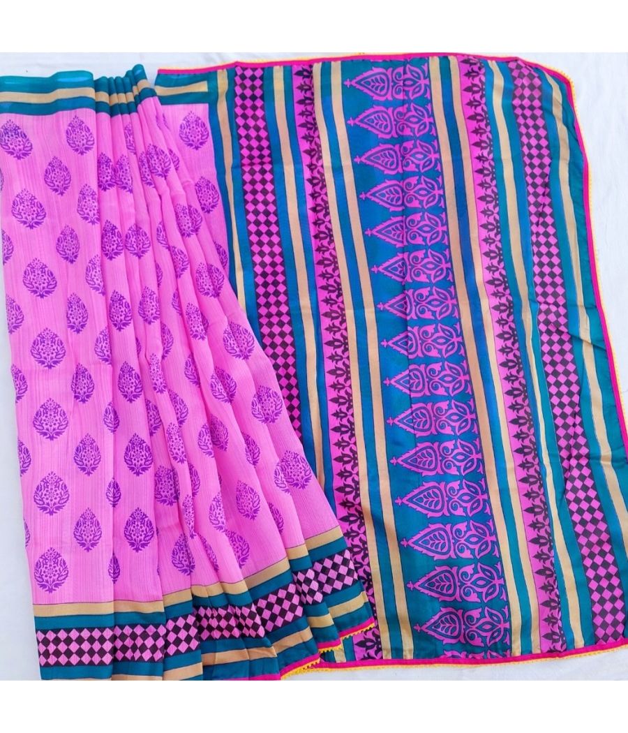 Pink And Blue Saree With Heavy Border