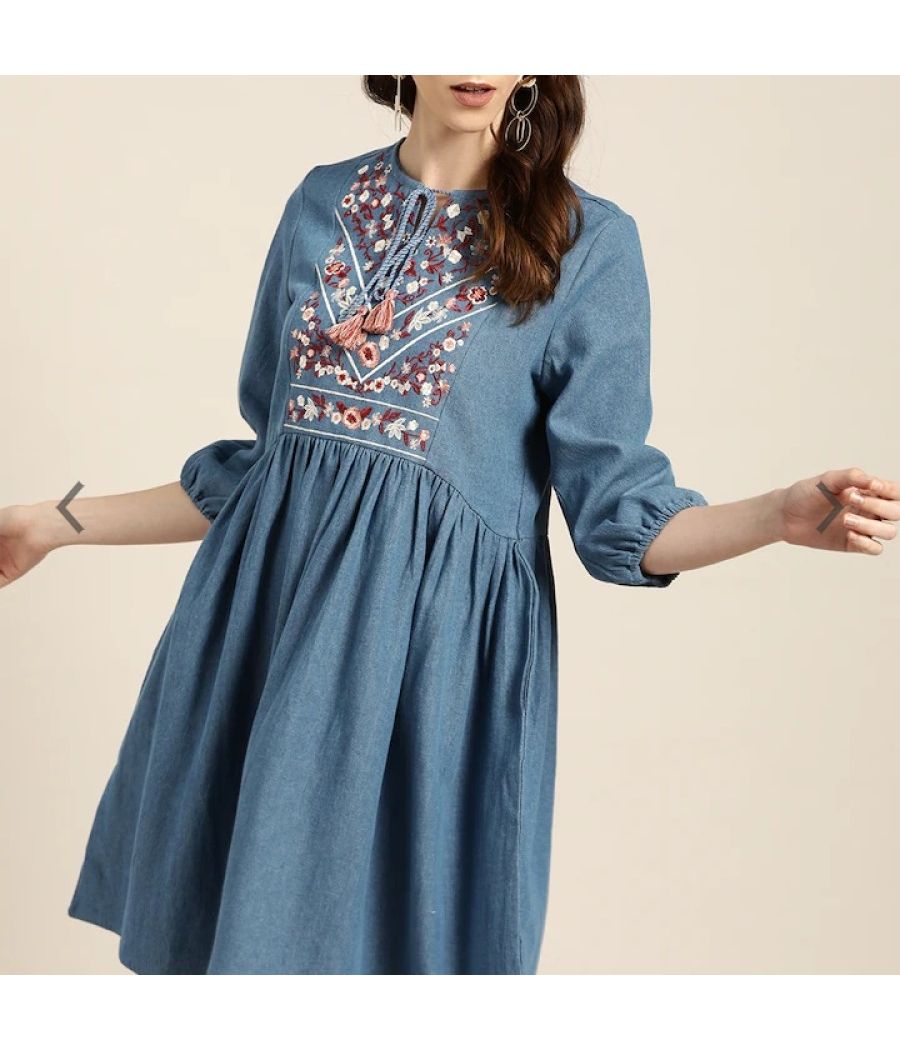 Women blue embroidery denim A-line dress
