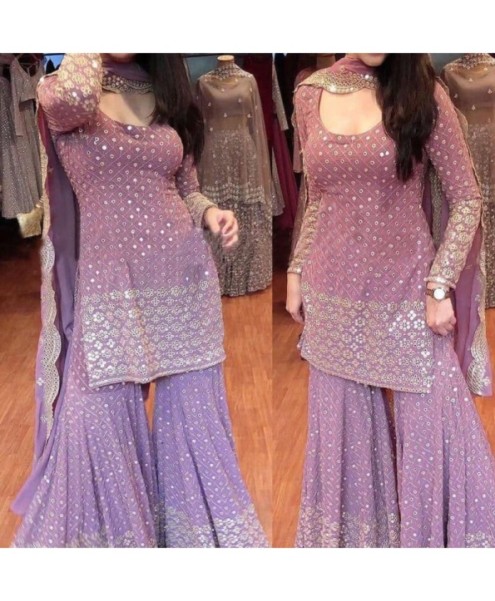 Fabulous Onion Color Soft Net Base Sharara Suit With Sequins Work