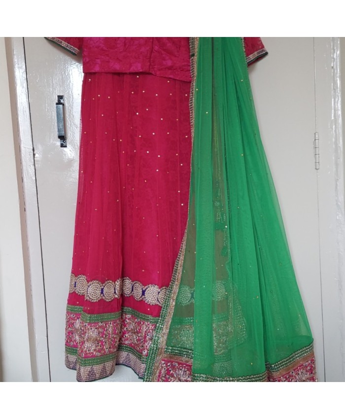 Beige & Green Semi-Stitched Half Saree & Unstitched Blouse With Dupatta -  ShopGarb - 4069906
