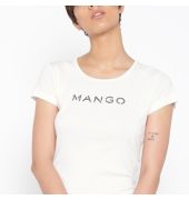 MANGO Women White Solid Round Neck Pure Cotton T-shirt