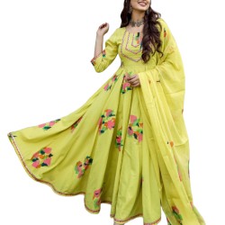 Greenish Yellow Solid Anarkali Kurta And Churidar With Dupatta Set of 3