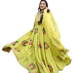 Greenish Yellow Solid Anarkali Kurta And Churidar With Dupatta Set of 3