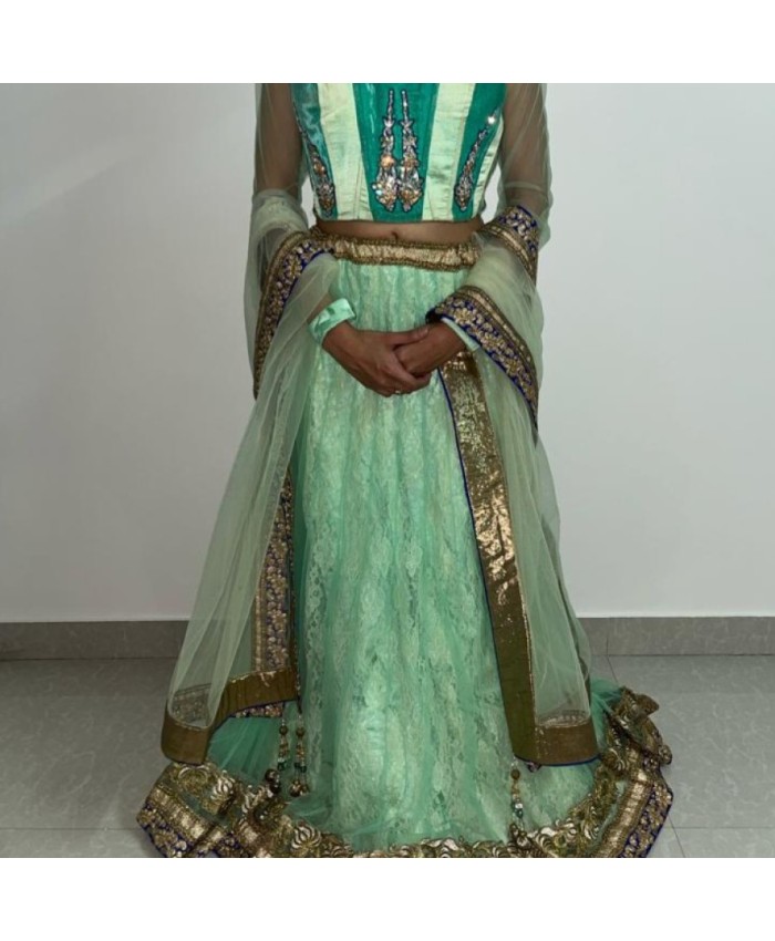 Kresha Powder Blue Velvet Embroidered Choli With Velvet Basque Organza  Lehenga And Mukaish Net Dupatta