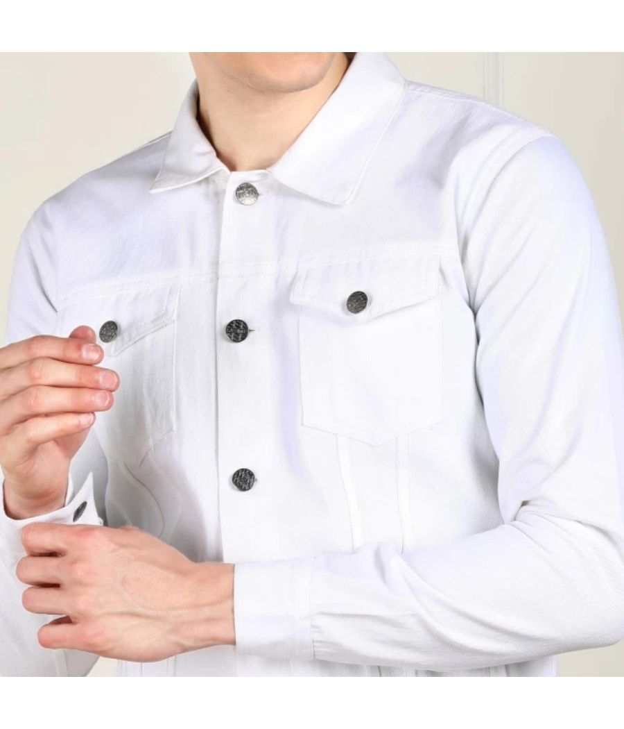 Mens Regular Fit Long Sleeve Button Down Panel Denim Jacket Lightweight Trucker Jacket White