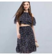 Black Floral Print Chiffon Crop Top and Skirt Co-Ord Set