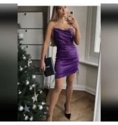 Zara purple satin ruched dress with rhinestone straps