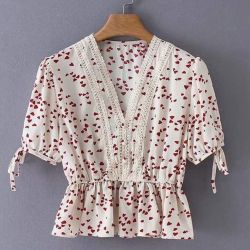 Confetti Heart Print Lace Panel Peplum Top