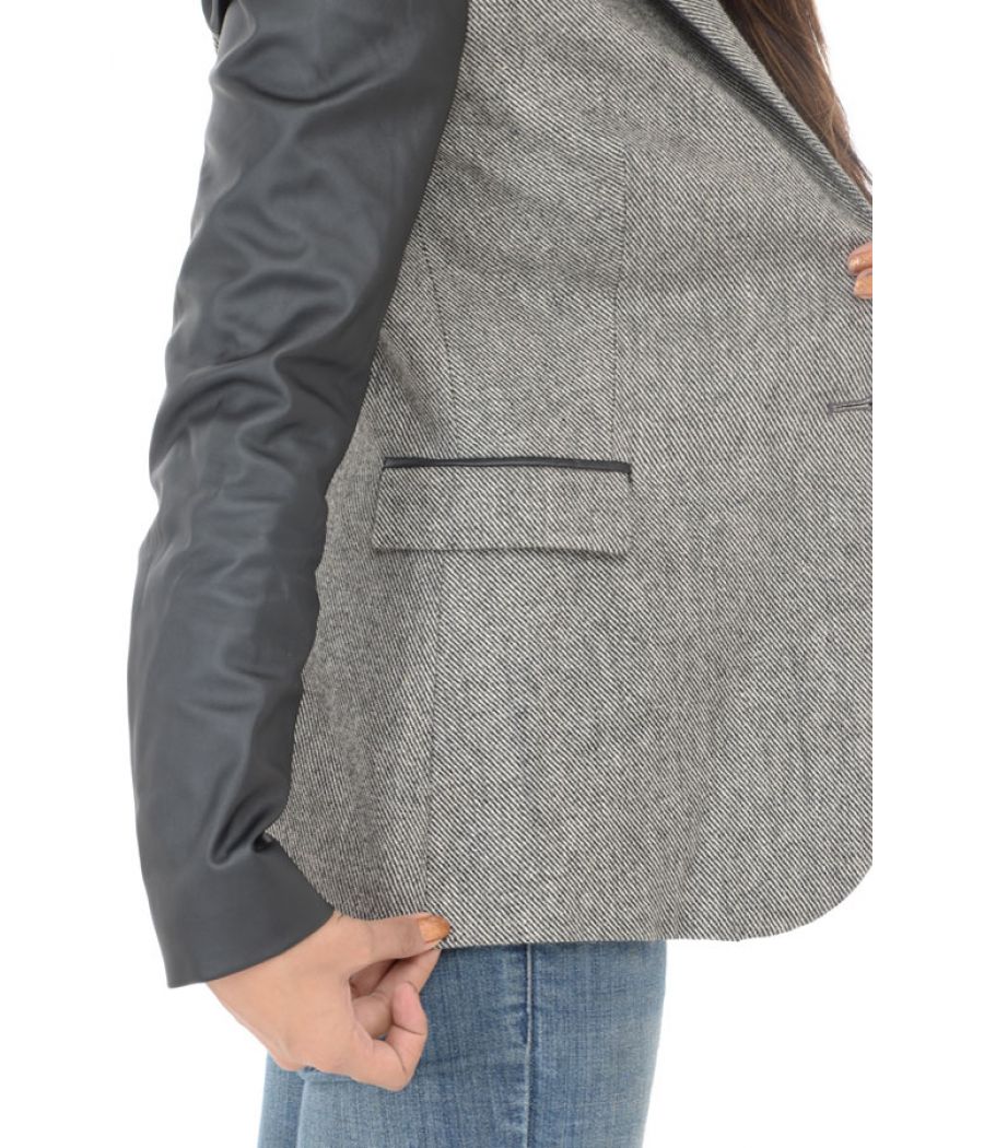 Zara Basic Grey Faux Leather Sleeves Blazer