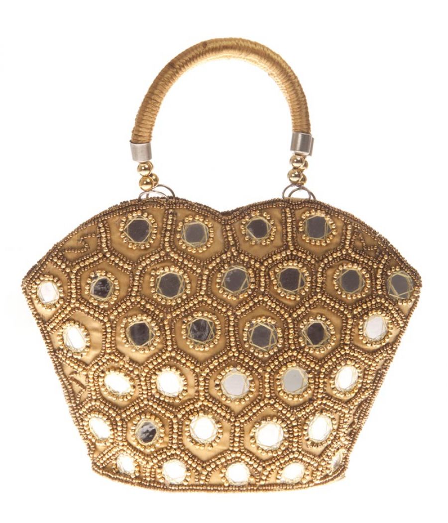 Envie Faux Leather Embellished Gold Coloured Zipper Closure Tote Bag 