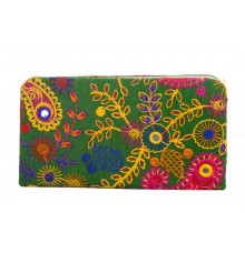 Envie Cloth/Textile/Fabric Embroidered Green Zipper Closure Clutch for Women