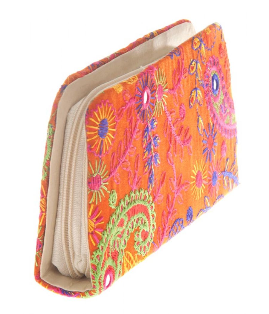 Envie Cloth/Textile/Fabric Embroidered Orange & Multi Zipper Closure Clutch for Women