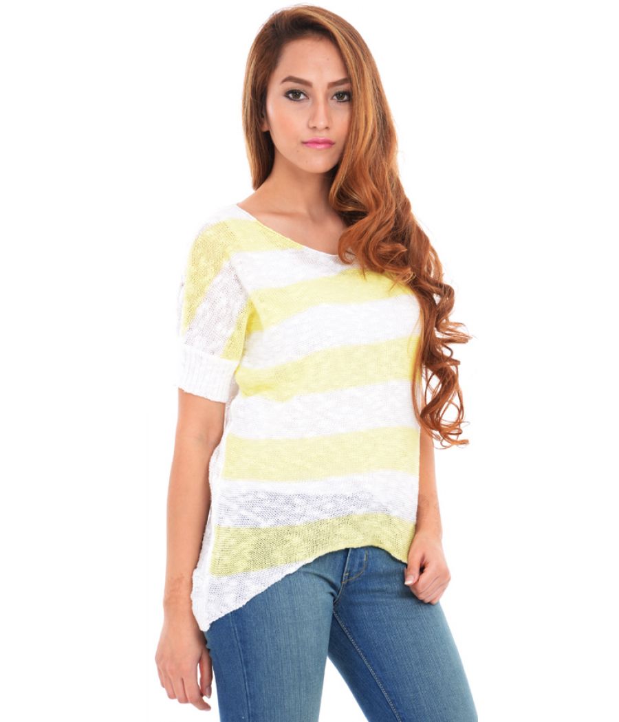 Estance Cotton Knitted Half Sleeves Yellow/White Sweater