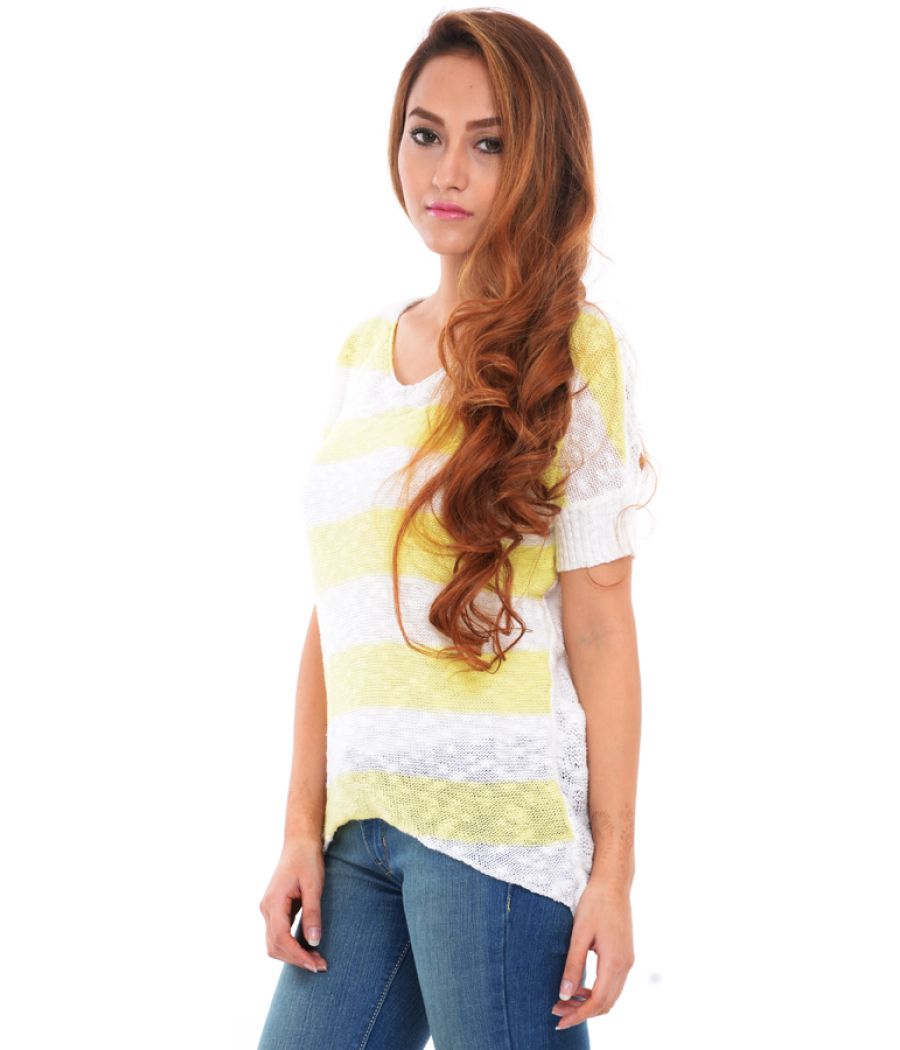 Estance Cotton Knitted Half Sleeves Yellow/White Sweater