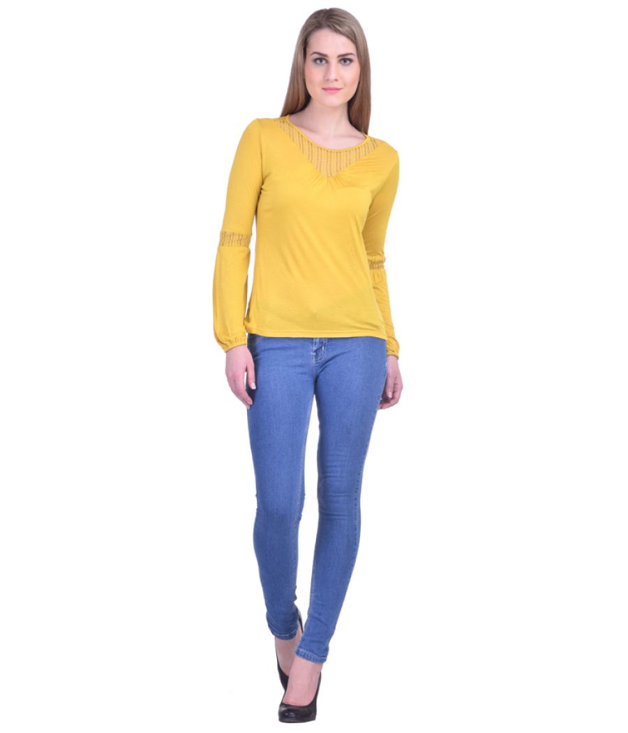  Estance Hosiery Plain Yellow Round Neck Full Sleeves Casual Top 