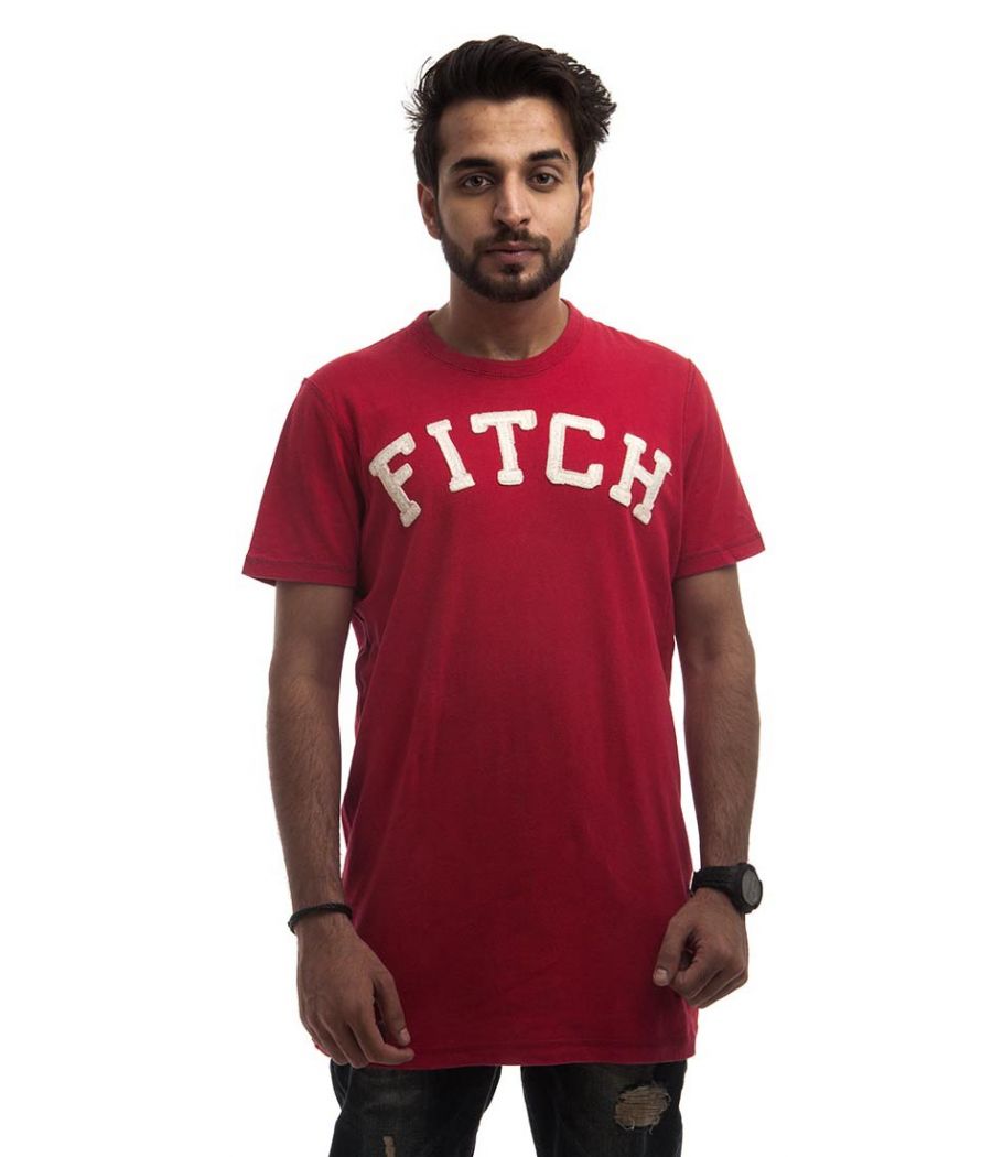 Abercrombie Polycotton Red & White Plain Patch Work Regular Fit Casual T-shirt