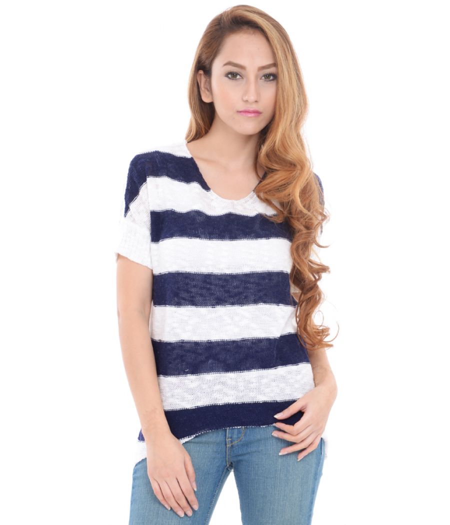 Estance Cotton Knitted Half Sleeves Navy Blue/White Sweater