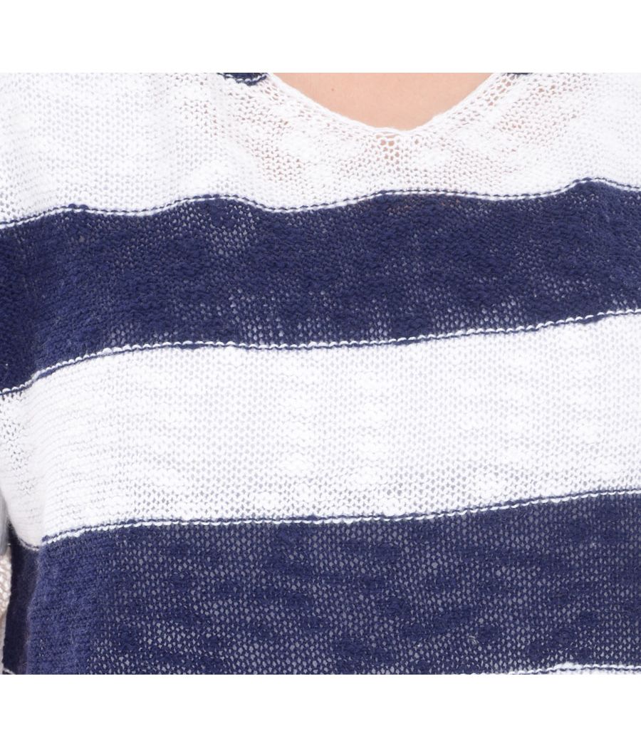 Estance Cotton Knitted Half Sleeves Navy Blue/White Sweater