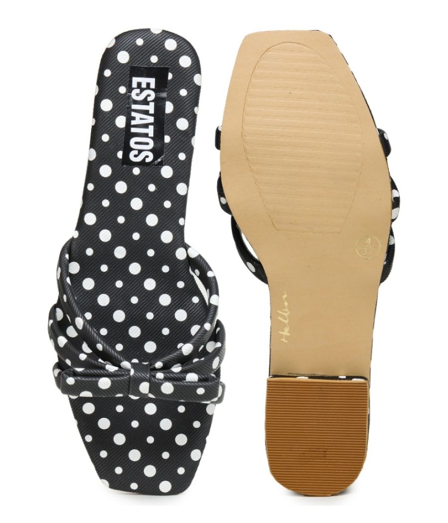 Estatos PU Open Toe Buckle Black & White Color Flat Slippers for Women (P12V1099)