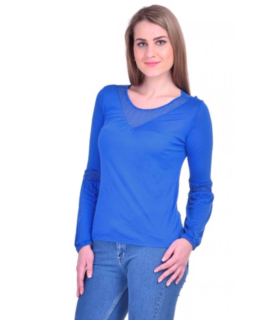 Estance Crepe Solid Round Neck Full Sleeved Blue Casual Top