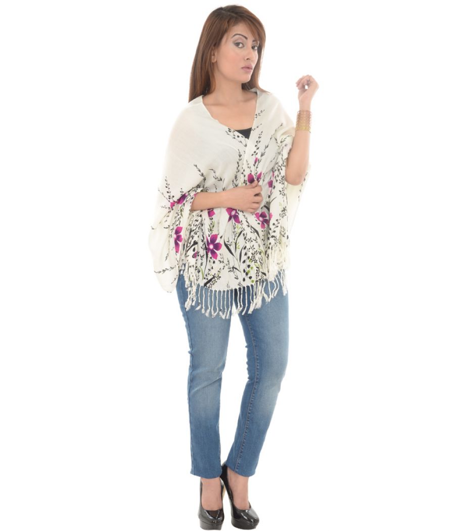 Cotton Blend Floral Pinted Fringed White/Purple Scarf 