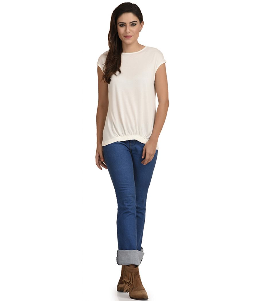 Estance Jersey Solid Gathered White Top
