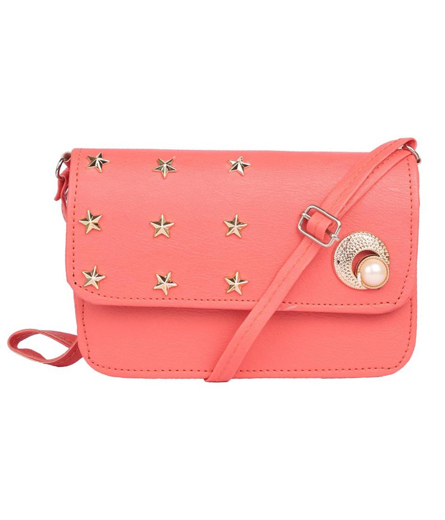 Envie Faux Leather Peach Embellished Magnetic Snap Sling Bag 