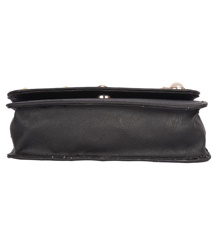 Envie Faux Leather Black Embellished Magnetic Snap Crossbody Bag 
