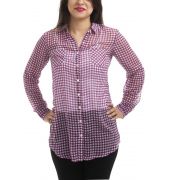 Fame Forever Georgette Checkered White & Purple Full Sleeves Button Closure Casual Shirt