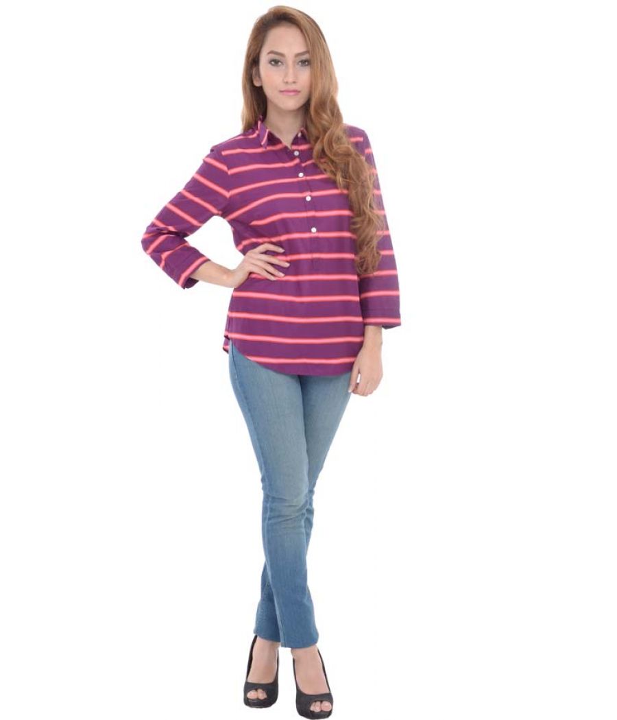 Lands End Purple Horizontal Striped Collared Top