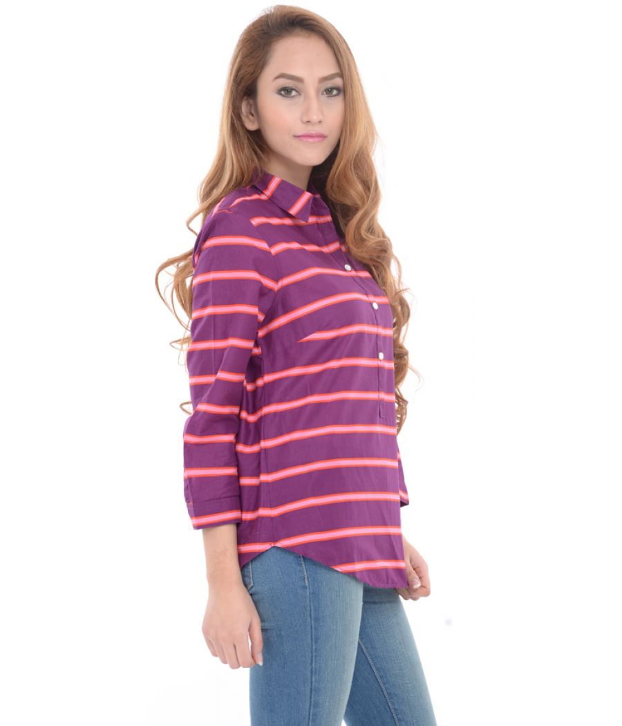 Lands End Purple Horizontal Striped Collared Top