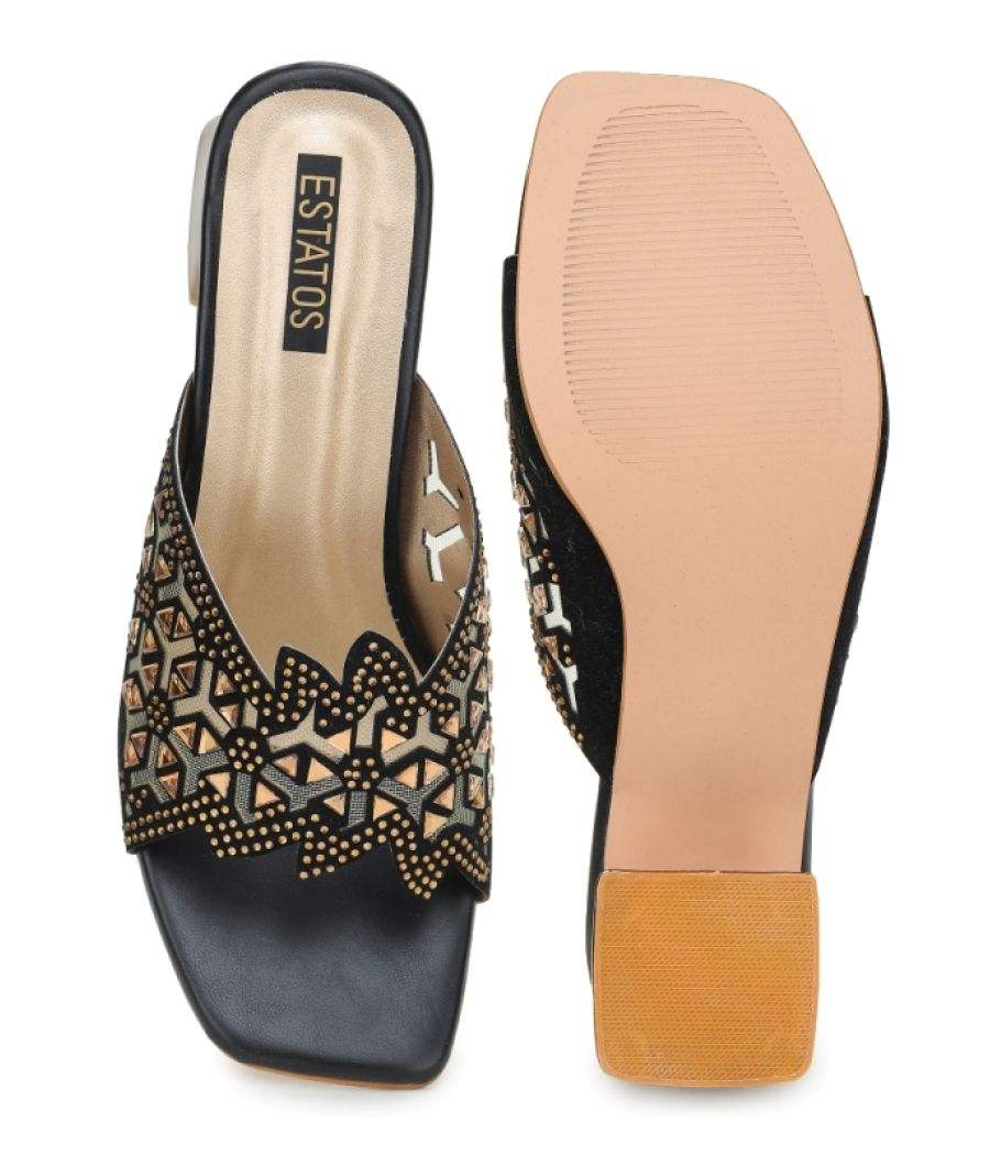 Estatos Broad Strap Block Heels Black Sandals for Women	(P14V1146)