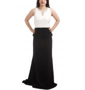 Cherie D Polyester Solid Black & White Sleeveless Stone Embellished Maxi Gown