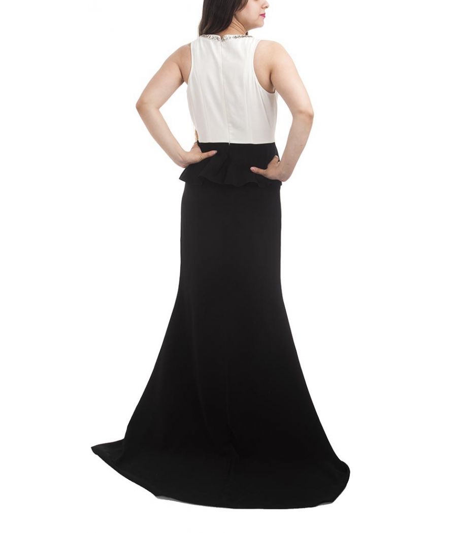 Cherie D Polyester Solid Black & White Sleeveless Stone Embellished Maxi Gown