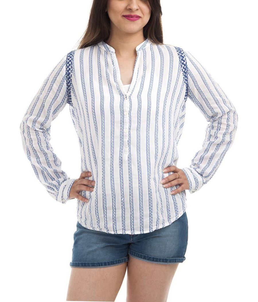 Zara Basic Cotton Plain Striped Blue & White Full Sleeves Collared Neck Casual Top 