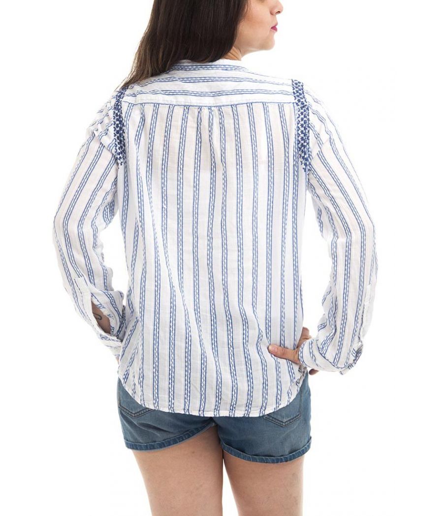 Zara Basic Cotton Plain Striped Blue & White Full Sleeves Collared Neck Casual Top 