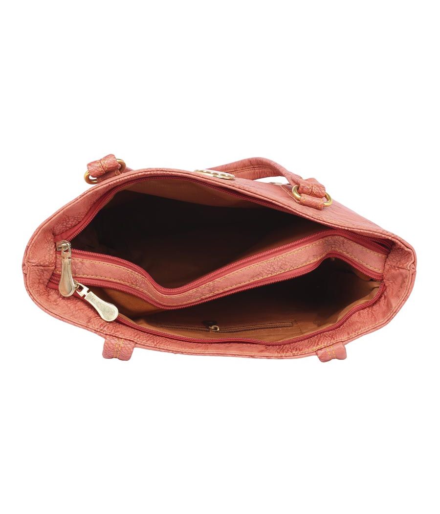 Aliado Faux Leather Peach Coloured Zipper Closure Tote Bag 