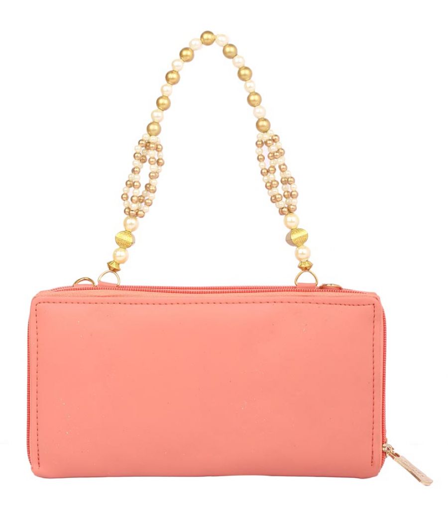 Envie Faux Leather Embellished Peach Zipper Closure Crossbody Bag
