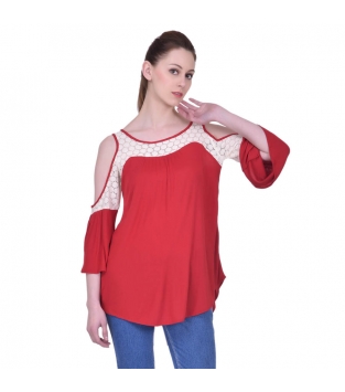  Estance Hosiery Solid Off White and Red Cold Shoulder 3/4th Sleeves Casual Lace Top 