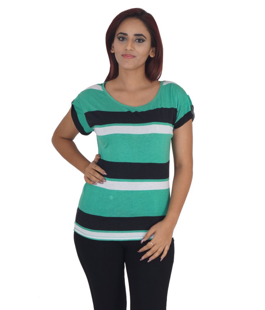 Pull & Bear Hosiery Plain Striped White, Black and Green Casual Top 