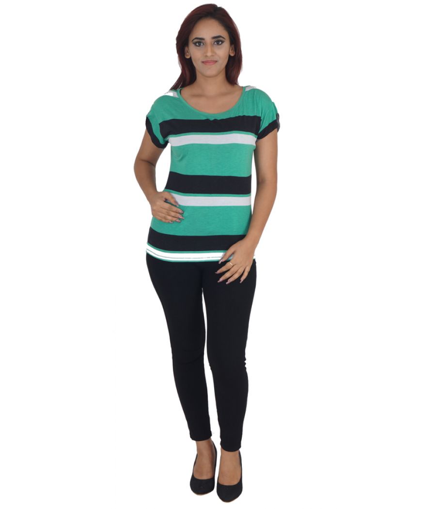 Pull & Bear Hosiery Plain Striped White, Black and Green Casual Top 
