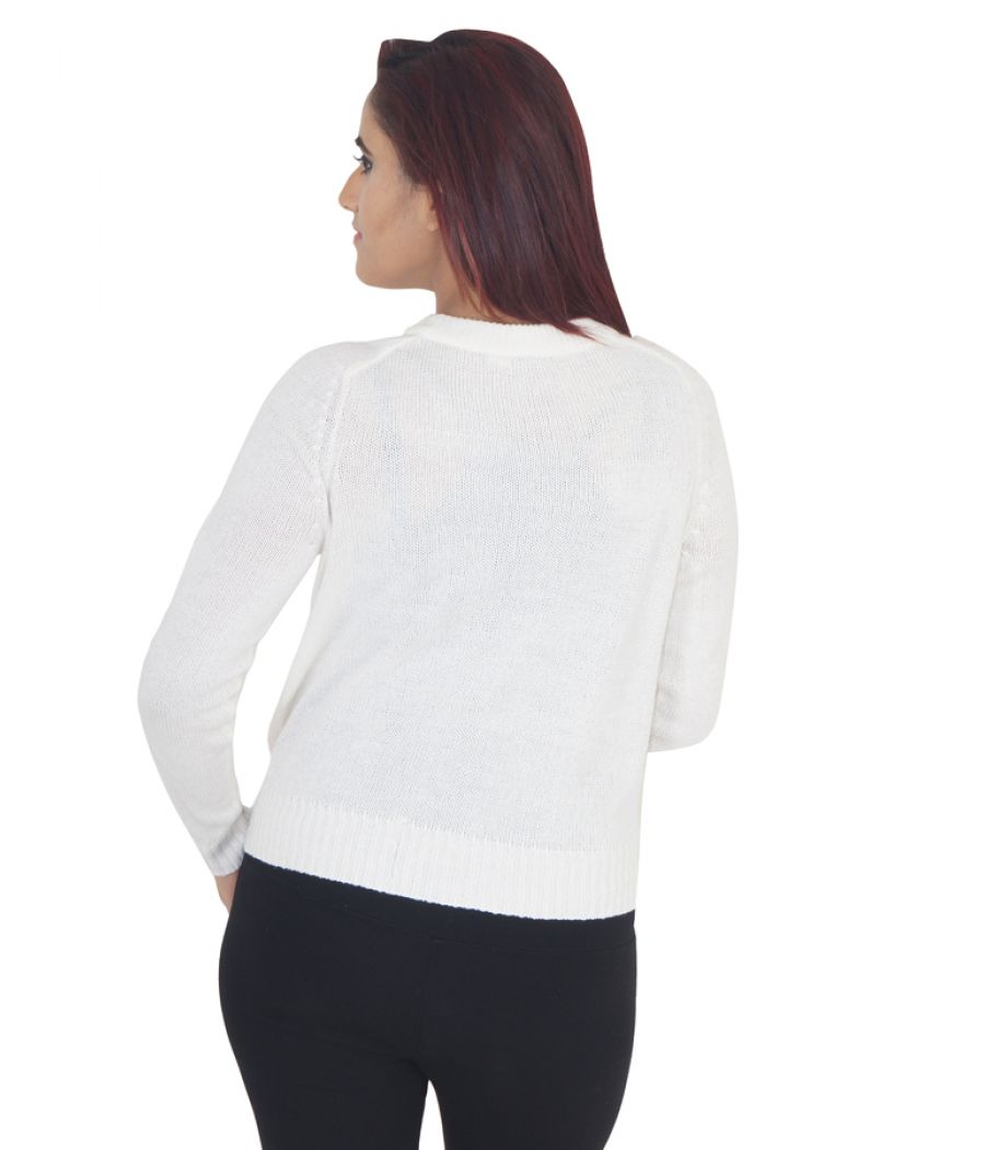 Dividco H & M Solid Cream Coloured Round Neck Full Sleeves Waist Length Casual Sweater 