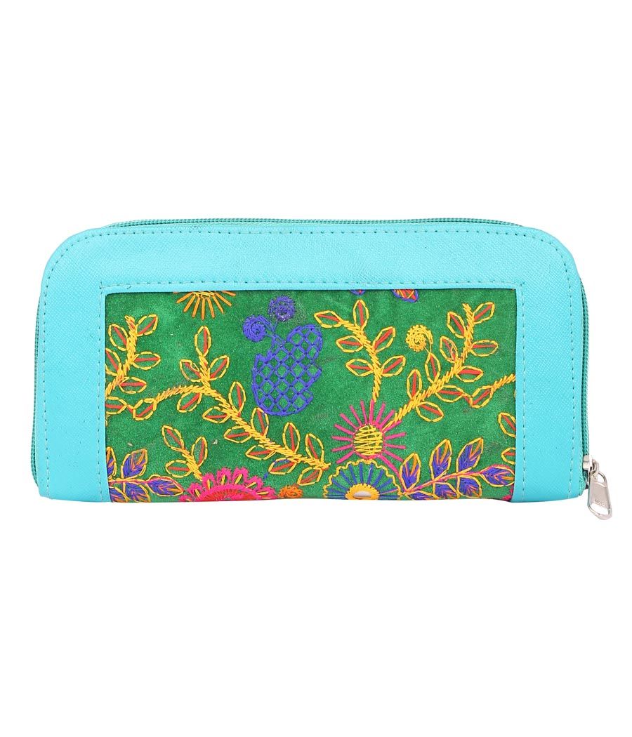 Envie Faux Leather Embroidered Blue & Green Zipper Closure Clutch 