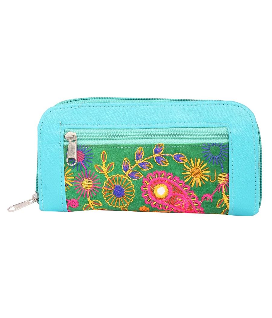 Envie Faux Leather Embroidered Blue & Green Zipper Closure Clutch 