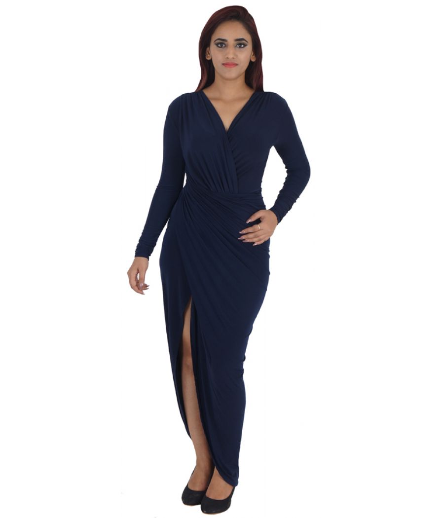 Club L Polyester Solid Navy Blue V Neck Full Sleeves Crossover Gown
