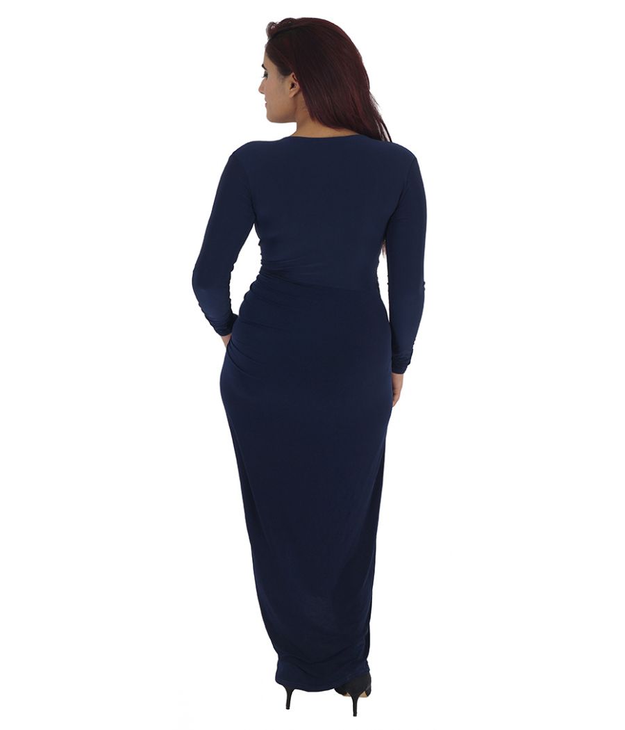 Club L Polyester Solid Navy Blue V Neck Full Sleeves Crossover Gown