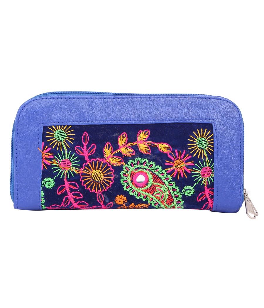 Envie Faux Leather Embroidered Blue & Multi Zipper Closure Minaudiere Style Clutch
