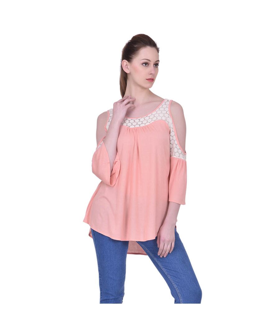Estance Hosiery Solid Peach Cold Shoulder Bell Sleeved Casual Top 