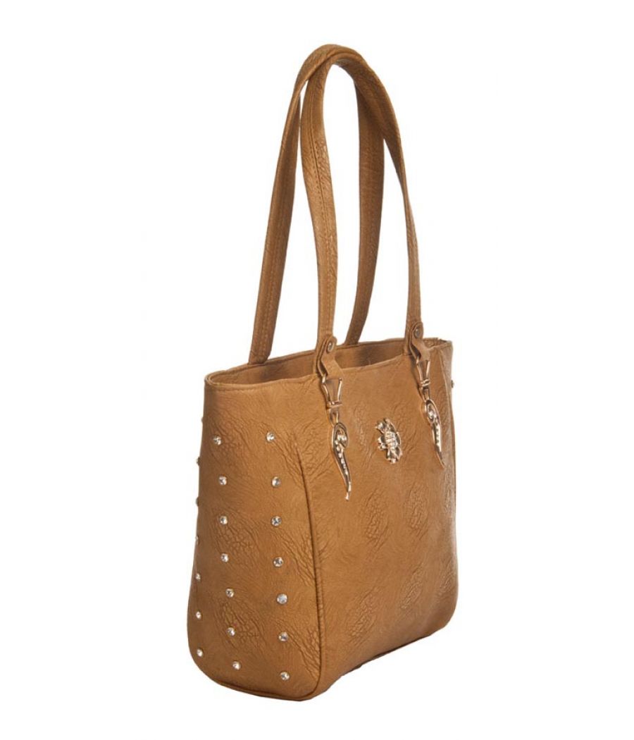 Aliado Faux Leather Solid Brown Zipper Closure Tote Bag 
